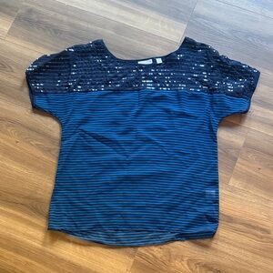 New York & Company Blue Striped Sequin Top